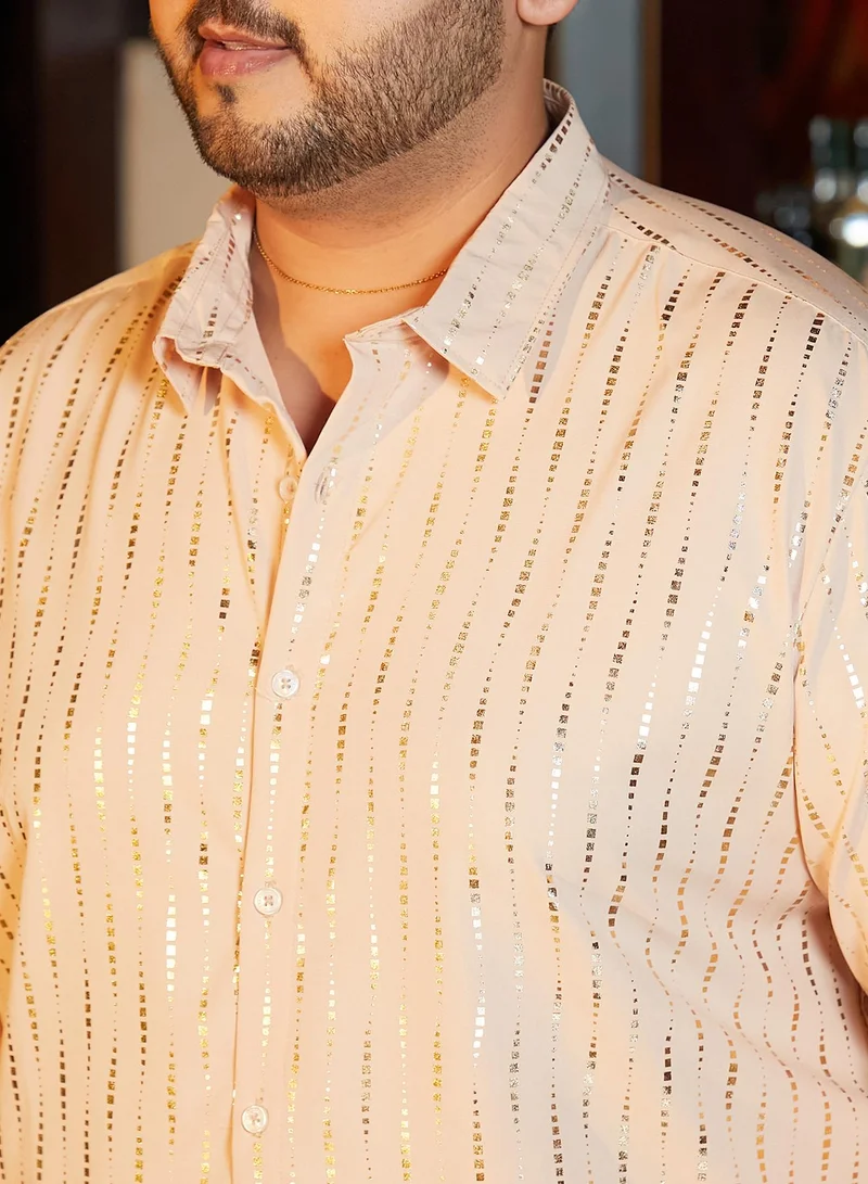 Instafab Plus Instafab Plus Men's Ecru Beige Metallic-Vined Shirt For Casual Wear | Spread Collar | Long Cuffed Sleeves | Button Closure | Plus Size Shirt Crafted With Comfort Fit For Everyday Wear