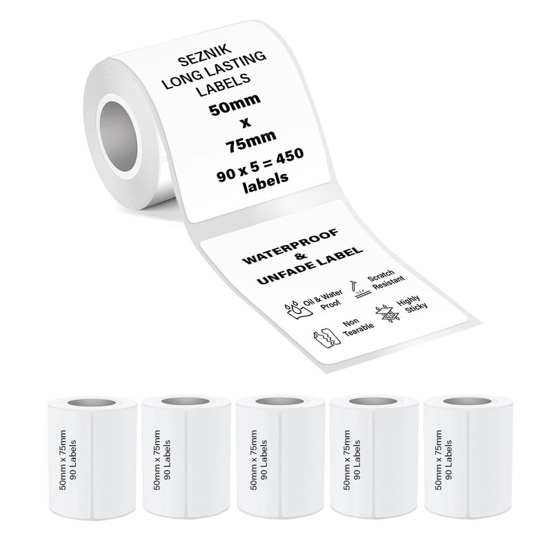SEZNIK Waterproof, Non-Tearable, Sticky Thermal Lables, Label Roll, 2 inch Adhesive Thermal Labels for Label Printers (50mmx75mm - 450 Lables) - Image 1
