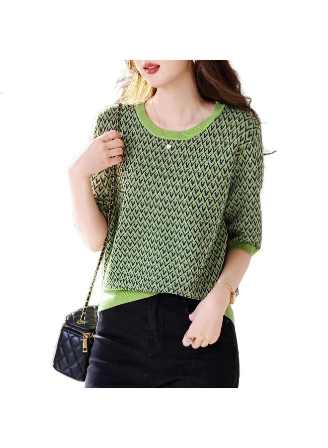 dme "Dopamine Mix And Match" Summer New Girl'S Round Neck Diamond Pattern Line Shirt Gold Thread Jacquard Knitted Top Women'S Top - Image 1