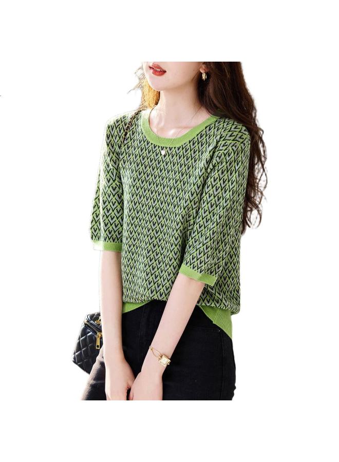 dme "Dopamine Mix And Match" Summer New Girl'S Round Neck Diamond Pattern Line Shirt Gold Thread Jacquard Knitted Top Women'S Top - Image 3