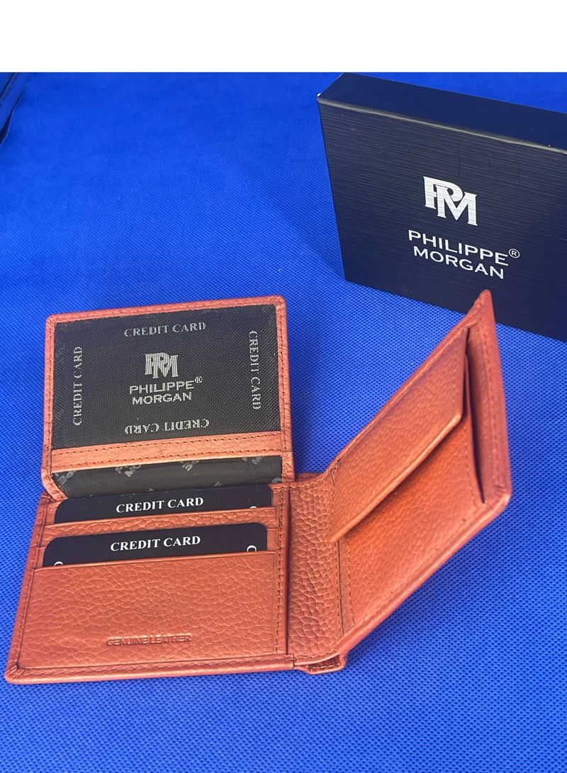 فيليب مورجان محفظة جلدية أصلية فاخرة قابلة للطي للرجال باللون البني الداكن - Image 3