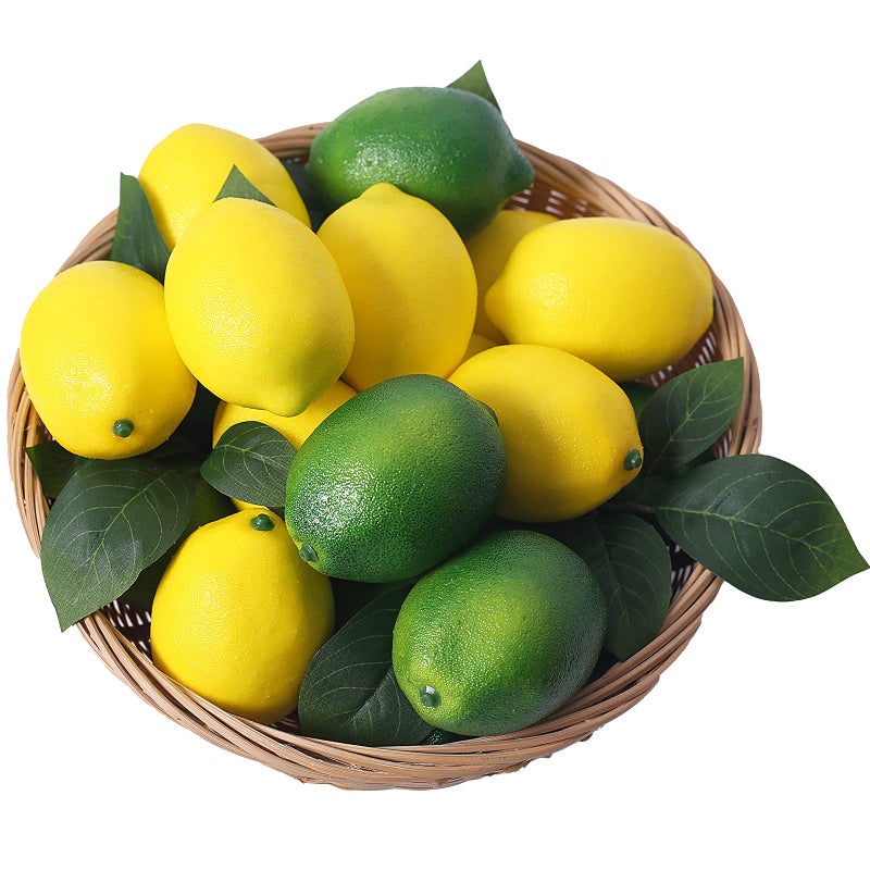 VEOAY Fake Fruit Artificial Lemons 3122 Faux Lemon Fake Limes with Leaves Lifelike Fake Lemon Decor for Kitchen Table Cabinet Party Plastic Fruits Photography Prop 36PCS