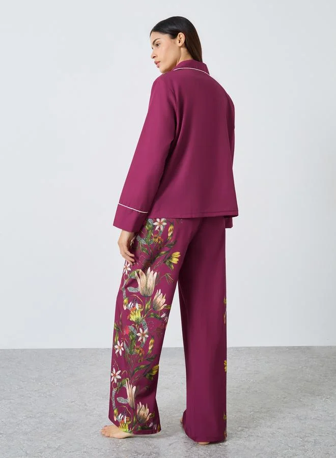 Styli Styli Satin Floral Print Piped Trim Detail Shirt and Pyjama Set