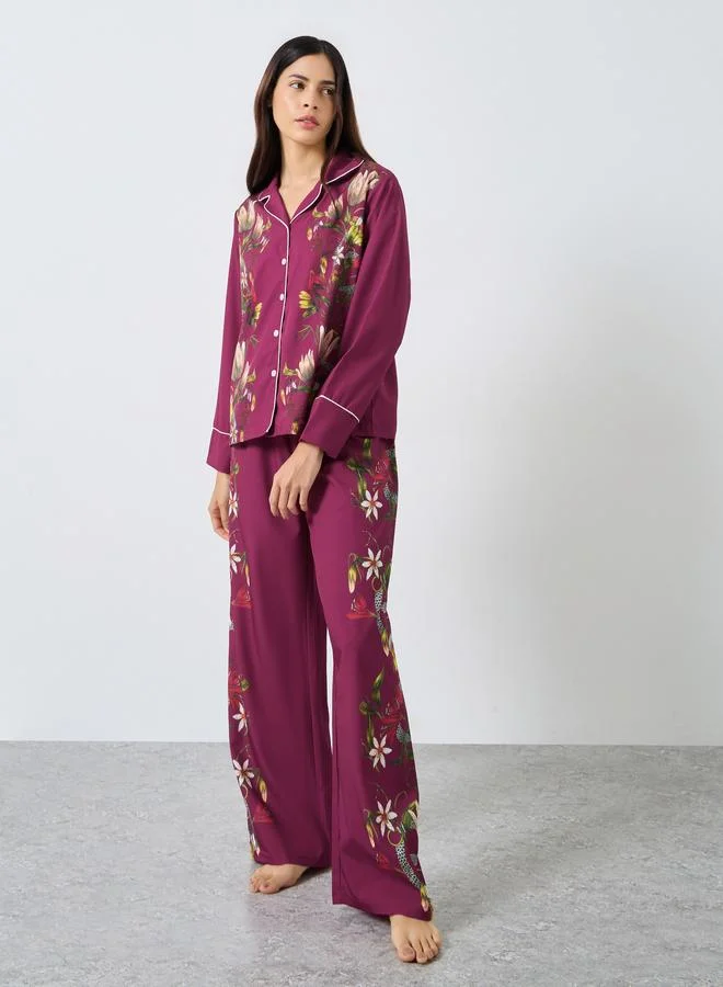 Styli Styli Satin Floral Print Piped Trim Detail Shirt and Pyjama Set