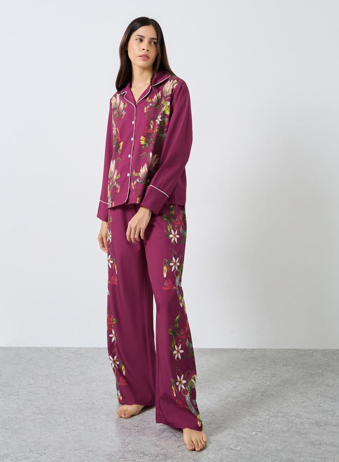 Styli Satin Floral Print Piped Trim Detail Shirt and Pyjama Set - Image 3
