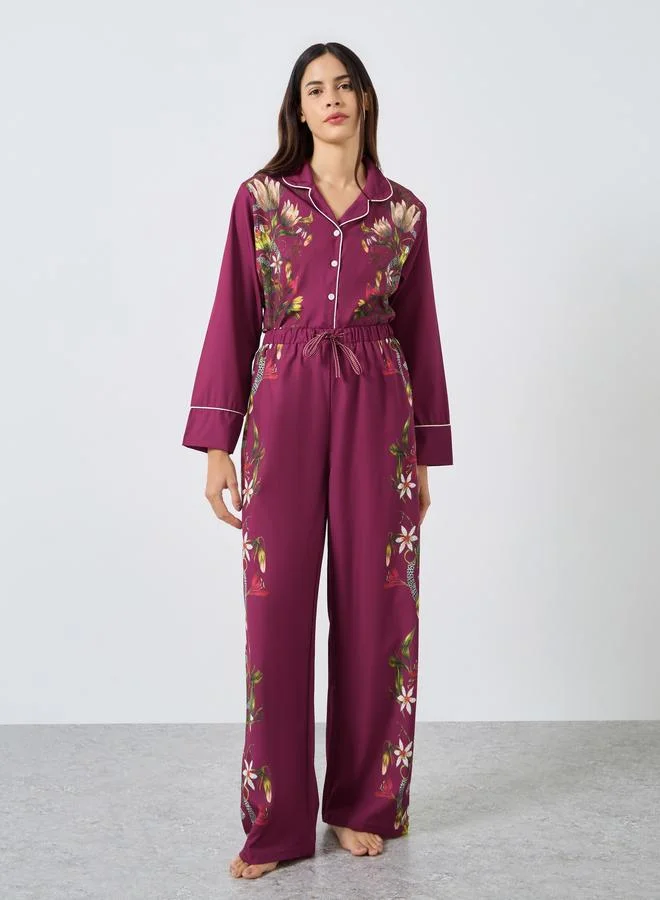 Styli Styli Satin Floral Print Piped Trim Detail Shirt and Pyjama Set
