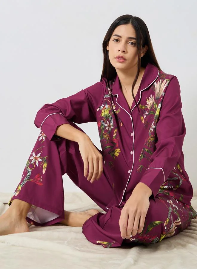 ستايلي Styli Satin Floral Print Piped Trim Detail Shirt and Pyjama Set