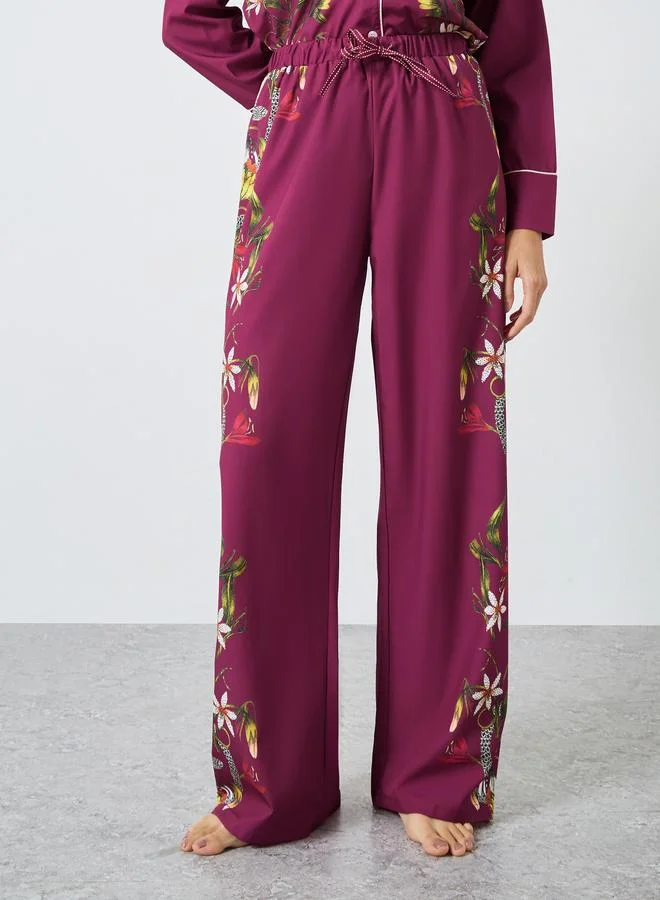 Styli Styli Satin Floral Print Piped Trim Detail Shirt and Pyjama Set
