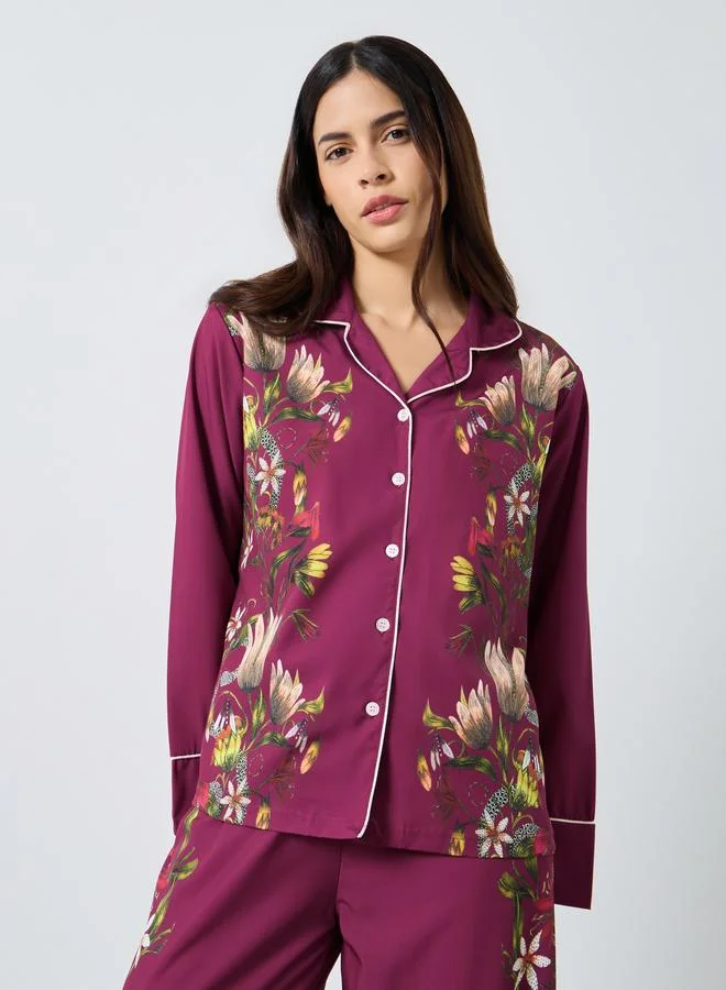 ستايلي Styli Satin Floral Print Piped Trim Detail Shirt and Pyjama Set