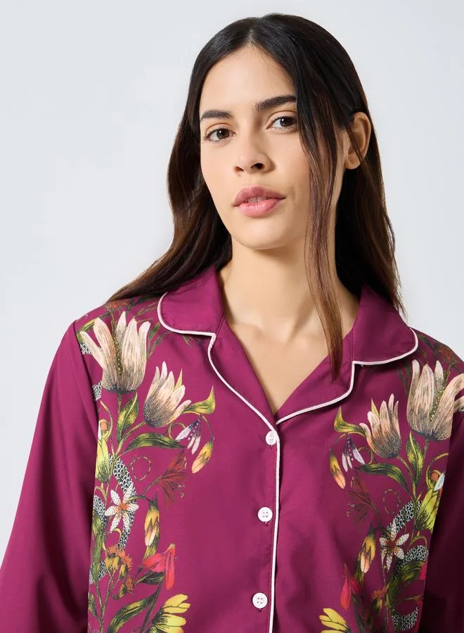 Styli Styli Satin Floral Print Piped Trim Detail Shirt and Pyjama Set