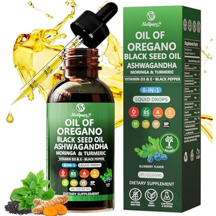 Nivltpure Oil of Oregano with Black Seed Oil | 8 in 1 Organic Oregano Oil Drops with Ashwagandha, Moringa & Turmeric | Natural Herbal Supplements for Immune Support & Stress Relief | Vegan Friendly, 2 Fl Oz - Image 1