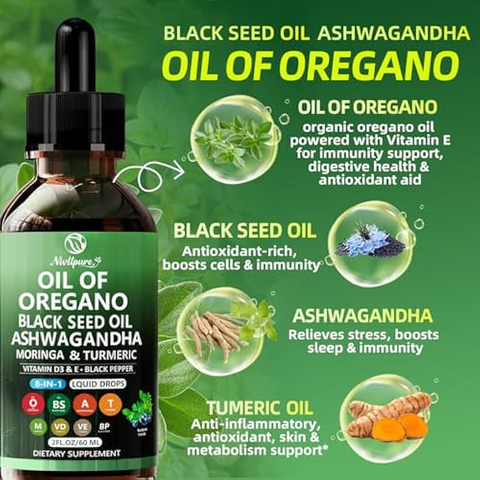 Nivltpure Oil of Oregano with Black Seed Oil | 8 in 1 Organic Oregano Oil Drops with Ashwagandha, Moringa & Turmeric | Natural Herbal Supplements for Immune Support & Stress Relief | Vegan Friendly, 2 Fl Oz - Image 2