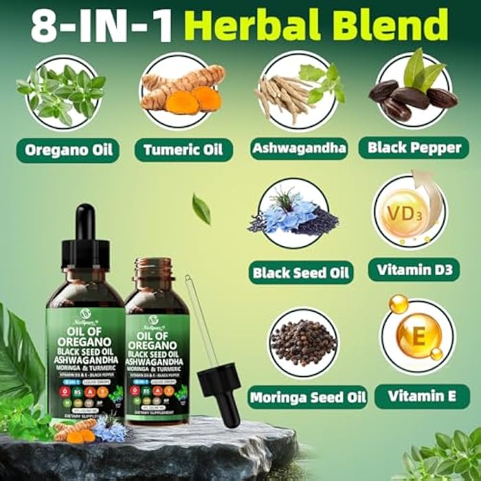 Nivltpure Oil of Oregano with Black Seed Oil | 8 in 1 Organic Oregano Oil Drops with Ashwagandha, Moringa & Turmeric | Natural Herbal Supplements for Immune Support & Stress Relief | Vegan Friendly, 2 Fl Oz - Image 3