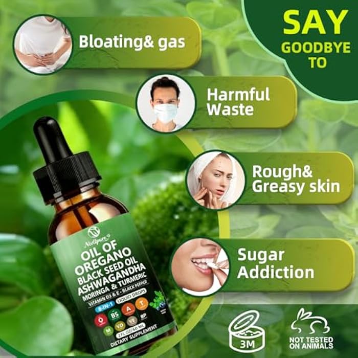 Nivltpure Oil of Oregano with Black Seed Oil | 8 in 1 Organic Oregano Oil Drops with Ashwagandha, Moringa & Turmeric | Natural Herbal Supplements for Immune Support & Stress Relief | Vegan Friendly, 2 Fl Oz - Image 5
