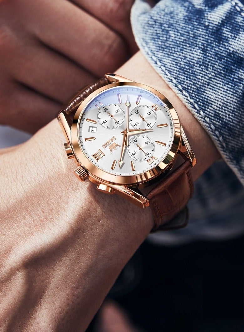 أوليفز Watch for Men pu leather Strap Chronograph Luxury Multifunction Dial Luminous Waterproof Calendar Moon Phase Analog Quartz Sports Wrist Watches - Image 2