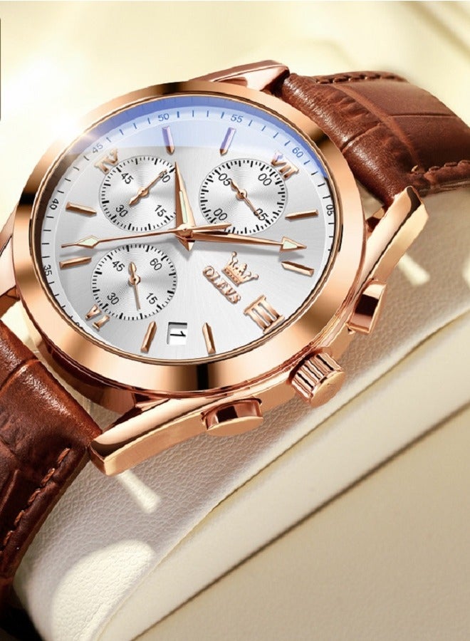 أوليفز Watch for Men pu leather Strap Chronograph Luxury Multifunction Dial Luminous Waterproof Calendar Moon Phase Analog Quartz Sports Wrist Watches - Image 3