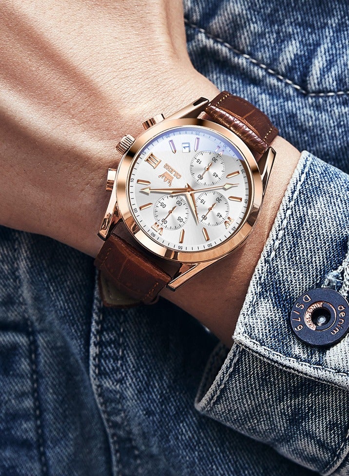 أوليفز Watch for Men pu leather Strap Chronograph Luxury Multifunction Dial Luminous Waterproof Calendar Moon Phase Analog Quartz Sports Wrist Watches - Image 1