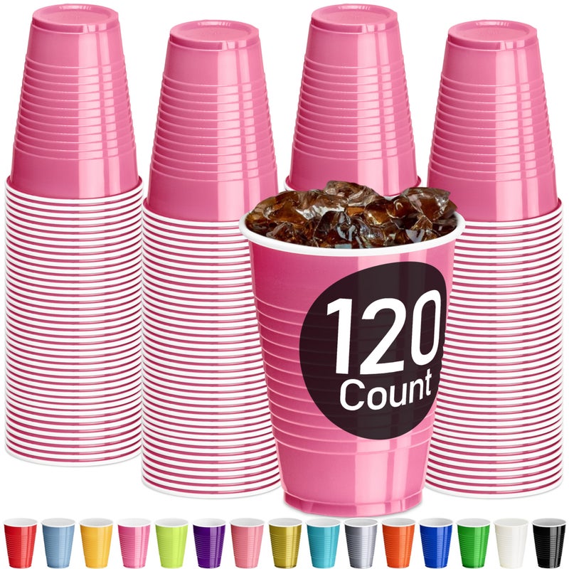 DecorRack Pink Plastic Cups  12 oz Disposable Cups  Reusable Party Supplies (120 Count) - Image 1