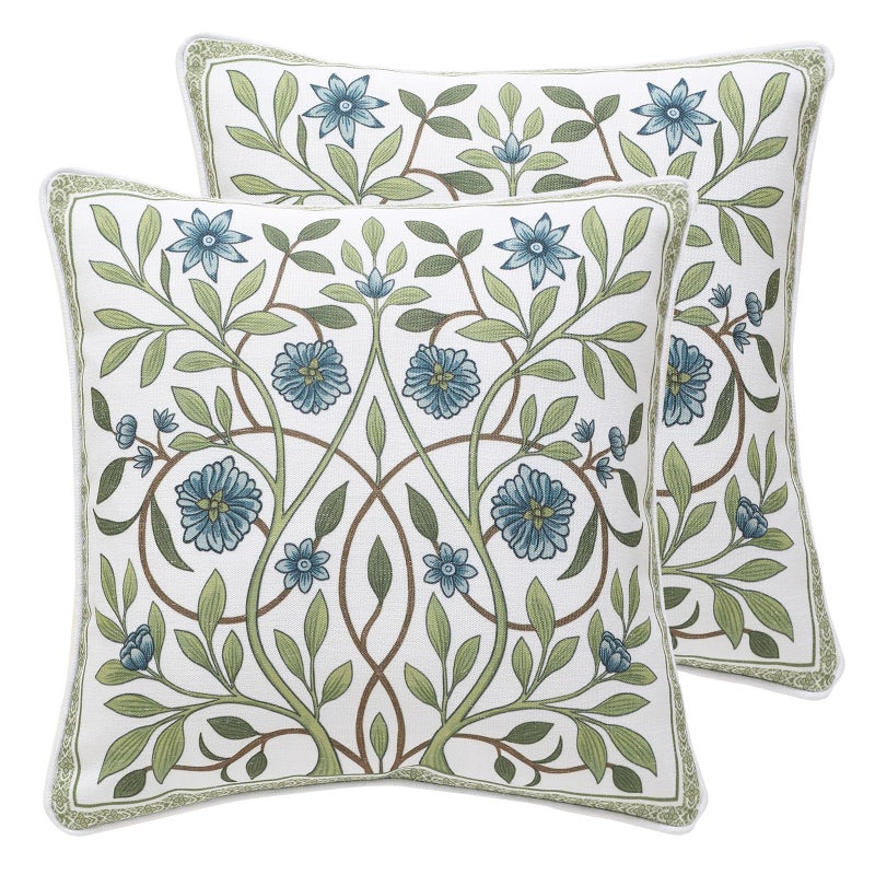 ISAENNE Design Fresh Linen Square Throw Pillow Covers 18"x18" Pack of 2, French White Cottage Cushion Covers with Blue Floral Branches Pattern Decor Pillowcases for Bed,Living Room,Outdoor,Car - Image 1