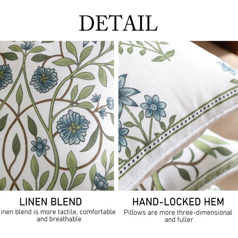 ISAENNE Design Fresh Linen Square Throw Pillow Covers 18"x18" Pack of 2, French White Cottage Cushion Covers with Blue Floral Branches Pattern Decor Pillowcases for Bed,Living Room,Outdoor,Car - Image 4