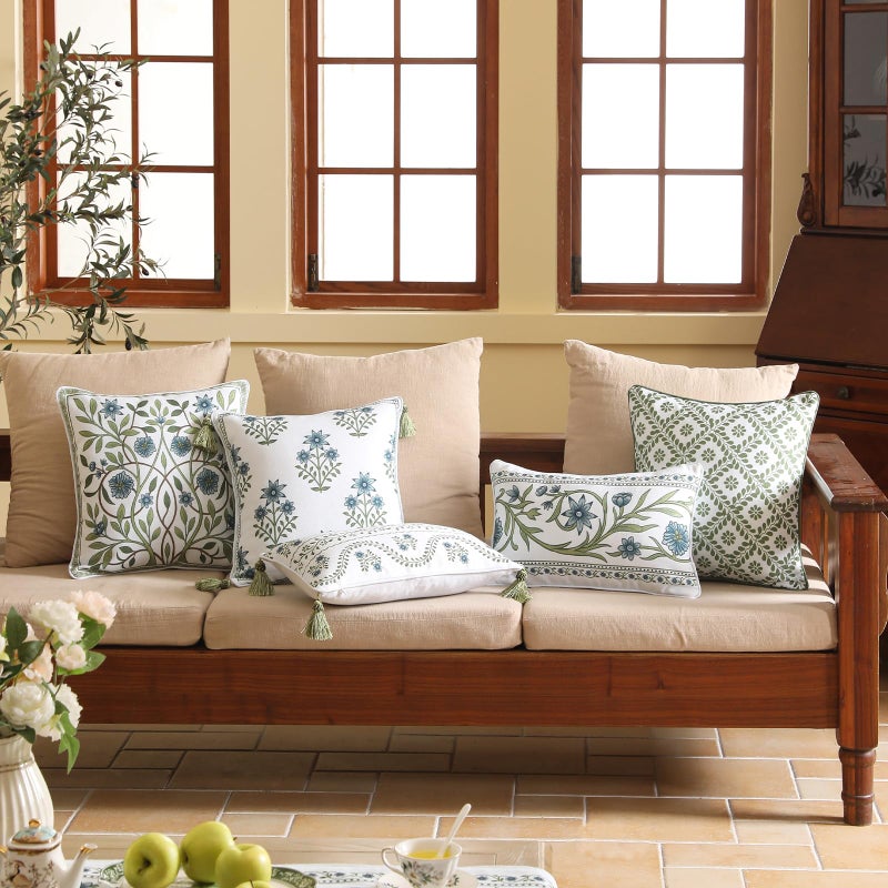 ISAENNE Design Fresh Linen Square Throw Pillow Covers 18"x18" Pack of 2, French White Cottage Cushion Covers with Blue Floral Branches Pattern Decor Pillowcases for Bed,Living Room,Outdoor,Car - Image 3