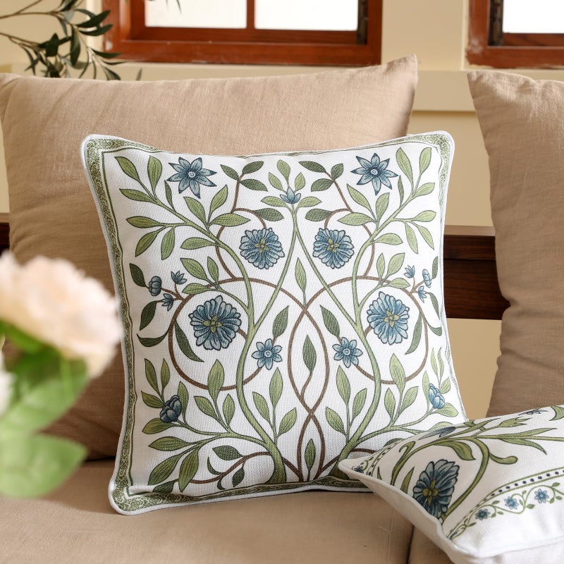 ISAENNE Design Fresh Linen Square Throw Pillow Covers 18"x18" Pack of 2, French White Cottage Cushion Covers with Blue Floral Branches Pattern Decor Pillowcases for Bed,Living Room,Outdoor,Car - Image 2
