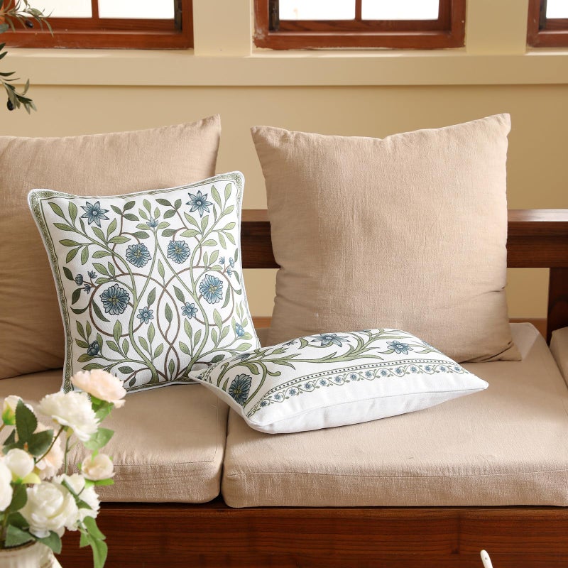 ISAENNE Design Fresh Linen Square Throw Pillow Covers 18"x18" Pack of 2, French White Cottage Cushion Covers with Blue Floral Branches Pattern Decor Pillowcases for Bed,Living Room,Outdoor,Car - Image 5