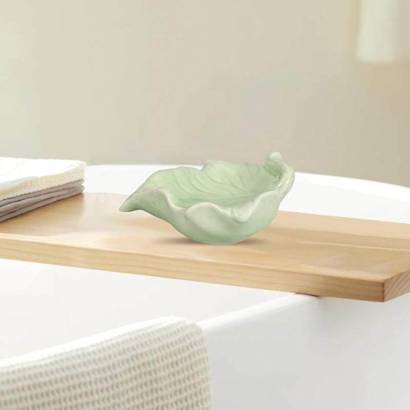 Ceramic Leaf Soap Dish Self Draining Bathroom Tray Green Holder For Sink And Shower - Image 3