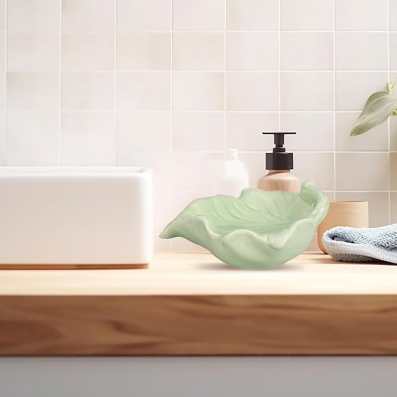 Ceramic Leaf Soap Dish Self Draining Bathroom Tray Green Holder For Sink And Shower - Image 5