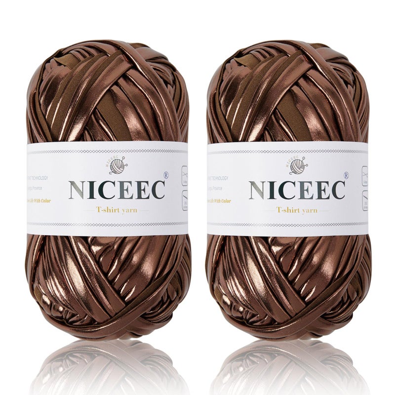 NICEEC 2 Skeins Metal TShirt Yarn Bright Glossy Crochet Knitting Fabric Cloth Yarn with SingleSide Color Handmade DIY Craft Bag Basket CushionTotle Length 64yds71oz Brown