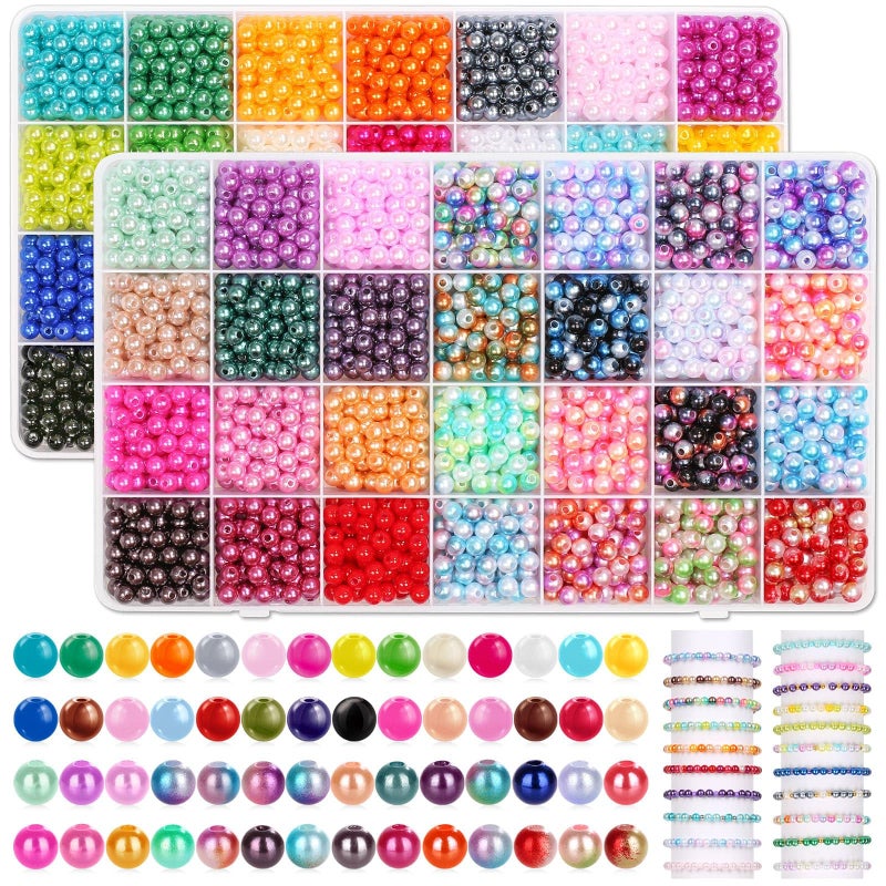 Audab 4500pcs 6mm Round Pearl Beads for Bracelets Making 56 Colors Shiny Small Craft Beads