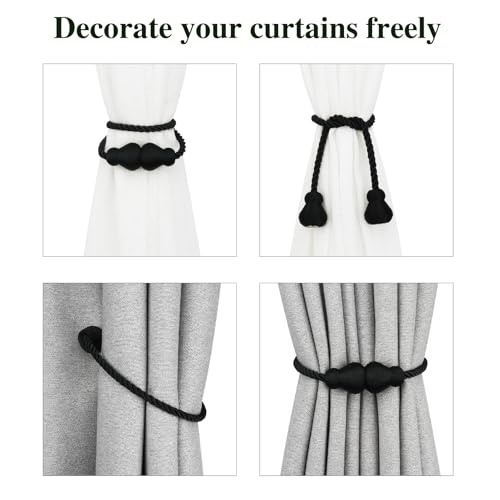 Nieffeiy Magnetic Curtain Tiebacks Outdoor Curtain Tie Backs Rope Decorative Magnetic Curtain Holders for Drapes Window Treatment Holdbacks, Black 4Pack - Image 4