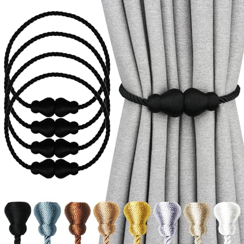 Nieffeiy Magnetic Curtain Tiebacks Outdoor Curtain Tie Backs Rope Decorative Magnetic Curtain Holders for Drapes Window Treatment Holdbacks, Black 4Pack - Image 1