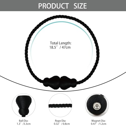 Nieffeiy Magnetic Curtain Tiebacks Outdoor Curtain Tie Backs Rope Decorative Magnetic Curtain Holders for Drapes Window Treatment Holdbacks, Black 4Pack - Image 2