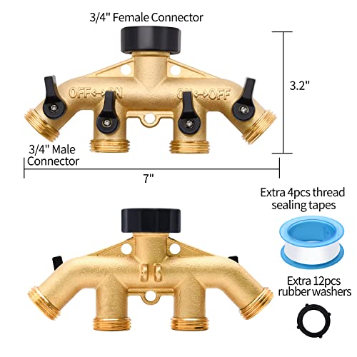 LFSEMINI 2 Pack Hose Splitter, 4 Way Heavy Duty Brass Garden Hose Splitter, for 3/4" Hose Connector, Brass Garden Hose Manifold with Rubber Washers & Tapes(2 pack 4 way) - Image 3