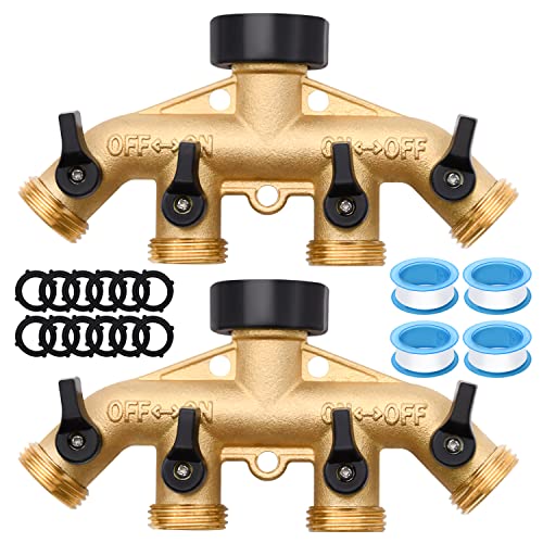 LFSEMINI 2 Pack Hose Splitter, 4 Way Heavy Duty Brass Garden Hose Splitter, for 3/4" Hose Connector, Brass Garden Hose Manifold with Rubber Washers & Tapes(2 pack 4 way) - Image 1