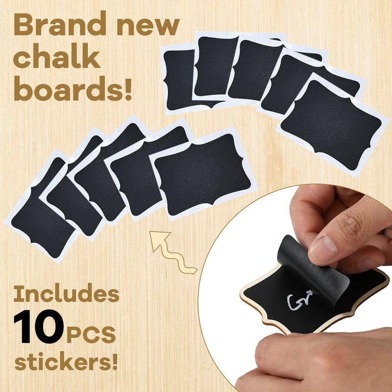 OFIFO 10Pcs Small Chalkboard Sign with Wooden Stands, 2 Designs, Fancy Wooden Frame Writable Mini Chalkboard Displaying Boards with 10 Replacement Writing Stickers, 10x7.5cm - Image 4