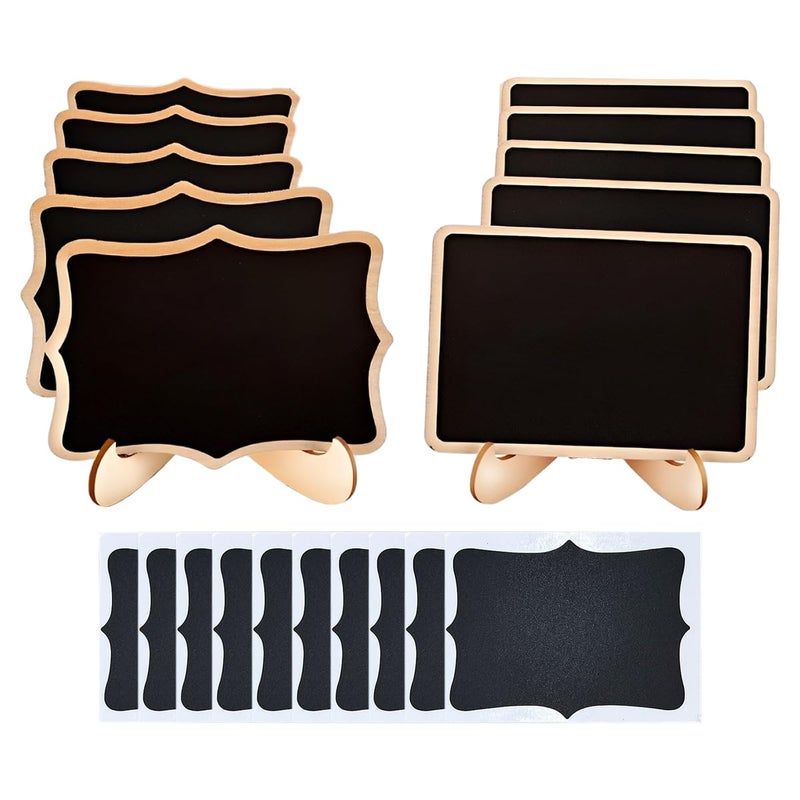 OFIFO 10Pcs Small Chalkboard Sign with Wooden Stands, 2 Designs, Fancy Wooden Frame Writable Mini Chalkboard Displaying Boards with 10 Replacement Writing Stickers, 10x7.5cm - Image 1