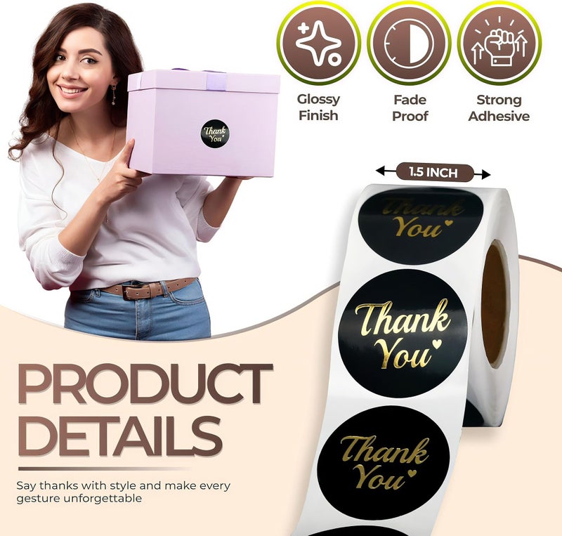 IBAKE 500 Thank You Stickers Roll – 1.5 Inch Black and Gold Foil Round Labels – Elegant Thank You Stickers Small Business Packaging, Envelopes, Gift Bags, Orders, Party Favors, Crafts - Image 2