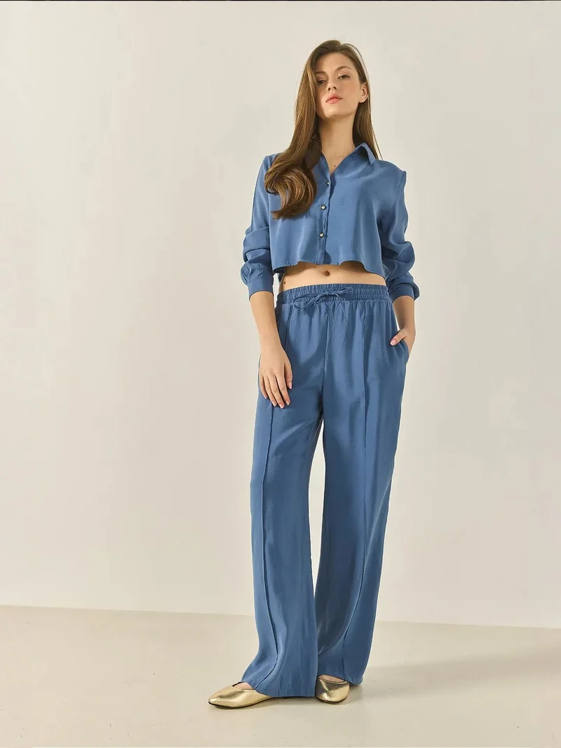 Bianco Lucci Mauve Purple LUCCI Long Wide Leg Two-Piece Coord Set with Shirt Collar for Women | Best Price UAE