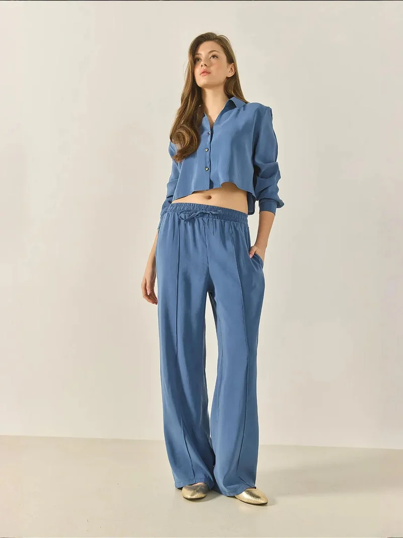 Bianco Lucci Mauve Purple LUCCI Long Wide Leg Two-Piece Coord Set with Shirt Collar for Women | Best Price UAE