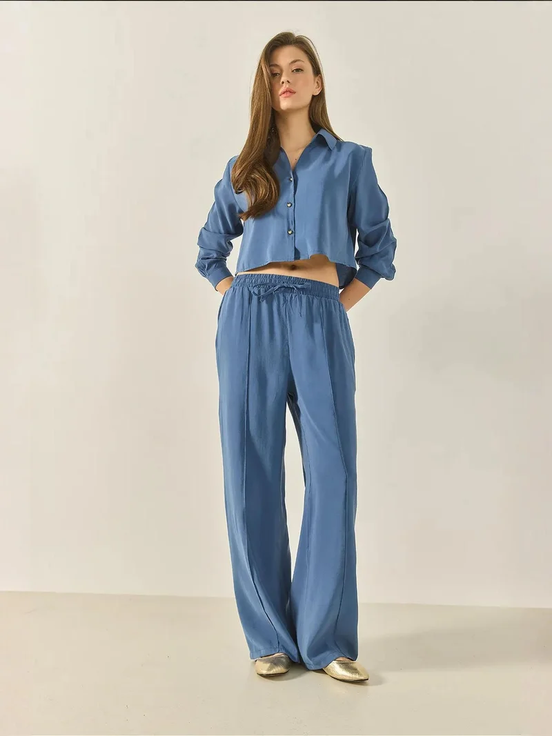 Bianco Lucci Mauve Purple LUCCI Long Wide Leg Two-Piece Coord Set with Shirt Collar for Women | Best Price UAE