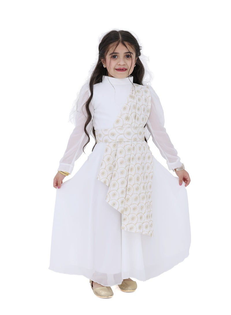 Modern Design A girls' Ramadan galabiya with transparent sleeves, an elegant and attractive design, a side shawl with golden embroidery, and a sophisticated golden belt.  - Image 1