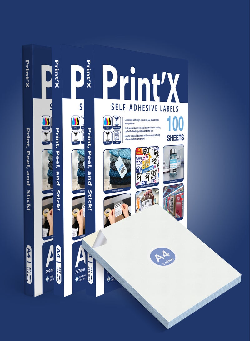 Print'X 3 Pack – A4 Sticker Paper Self-Adhesive – 100 Sheets Each – Compatible with Inkjet, Laser & All Printers - Image 1