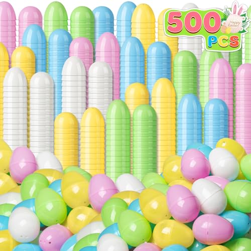 Jumlys 500 PCS 24 Plastic Easter Eggs Bulk Empty Easter Eggs in 5 Colors Fillable Pastel Colorful Eggs with Hinge Perfect for Easter Hunt Basket Stuffers Fillers and Easter Theme Party Favors - Image 1