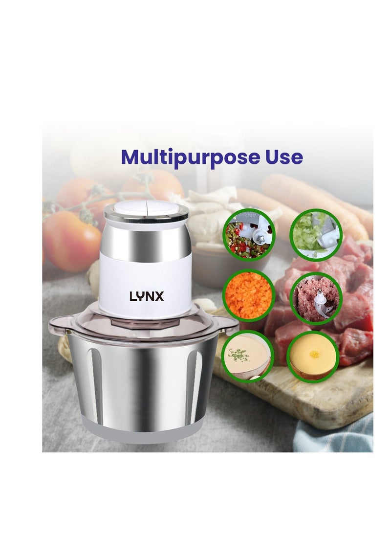 lynx Chopper for Vegetables and Meat – 2 Liters, 300W Powerful Copper Motor, Two Adjustable Speeds, Stainless Steel Bowl, Non-Slip Base, Safe & Quiet Operation, LY-CH-5002  - Image 4
