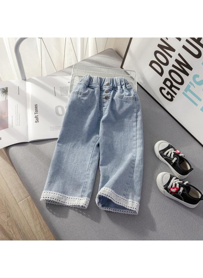Generic - Korean Children's Clothing Spring And Autumn New Girls Lace Jeans Baby Wide Leg Pants Korean Flared Pants - Image 1