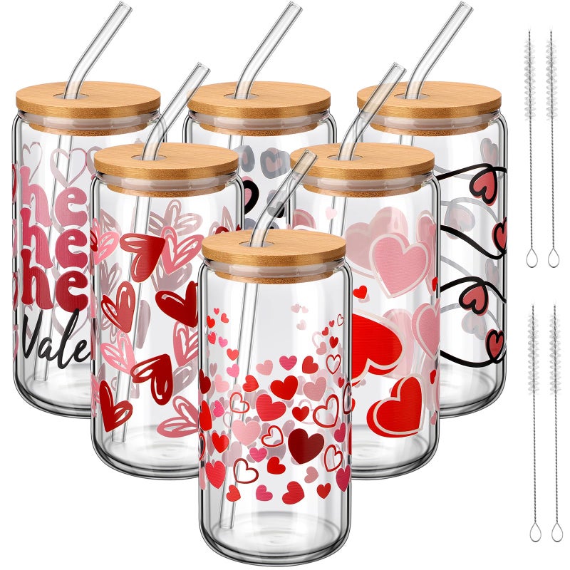 SiliFine 6 Pcs Valentines Day Drinking Glasses 16 oz Hearts Glass Cup with Bamboo Lid and Straw Can Shaped Beer Glass Reusable Love Smoothie Cup for Women Teenager Valentine Party Birthday Gift