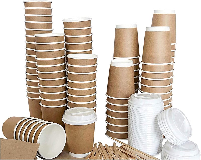 TPS Double Walled Disposable Paper Coffee Cups With Lids and Stirring Sticks and Napkins (8OZ) - Image 1