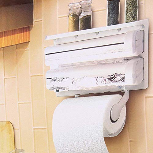 AOOMI Triple Paper Dispenser | 3 in 1 Foil, Cling Film, Tissue Paper Roll Holder for Kitchen with Spice Rack - White Countertop Plastic Paper Dispenser - Image 5